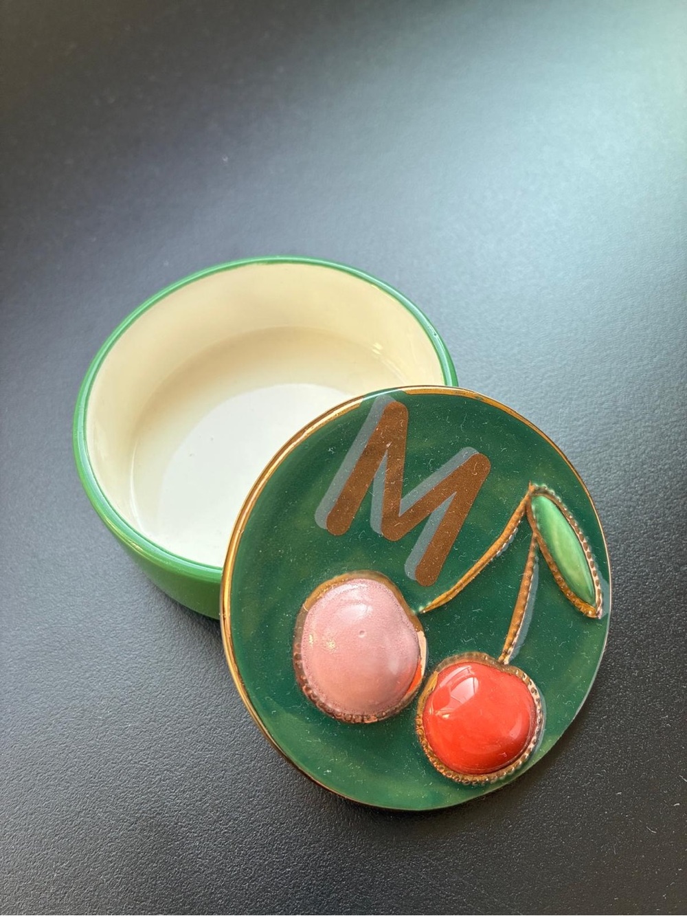 Anthropologie M Monogram Green Cherry Ceramic Trinket Box with Pink Red Accent